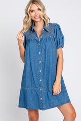 Blue Denim Smocked Button Up Maternity Dress