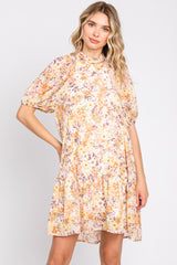 Yellow Floral Chiffon Back Cutout Tie Puff Sleeve Dress