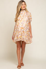 Yellow Floral Chiffon Back Cutout Tie Puff Sleeve Maternity Dress