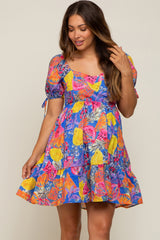 Blue Fruit Print Sweetheart Neck Maternity Dress