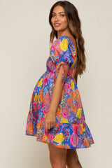 Blue Fruit Print Sweetheart Neck Maternity Dress