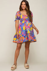 Blue Fruit Print Sweetheart Neck Maternity Dress