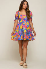 Blue Fruit Print Sweetheart Neck Maternity Dress