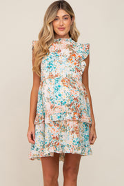 Mint Green Floral Chiffon Ruffle Mock Neck Maternity Dress