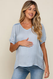 Light Blue Puff Sleeve Maternity Blouse