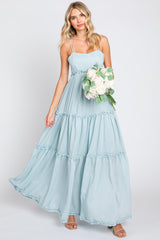 Light Blue Square Neck Ruffle Tiered Maxi Dress