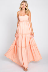 Peach Square Neck Ruffle Tiered Maternity Maxi Dress