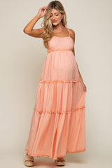 Peach Square Neck Ruffle Tiered Maternity Maxi Dress