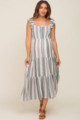 Grey Striped Button Front Tiered Maternity Midi Dress