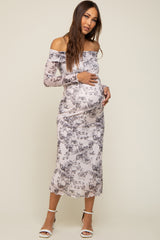 Ivory Floral Lettuce Trim Off Shoulder Maternity Maxi Dress