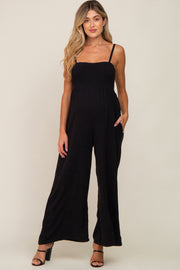 Black Smocked Linen Wide Leg Maternity Jumpsuit