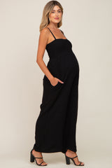 Black Smocked Linen Wide Leg Maternity Jumpsuit