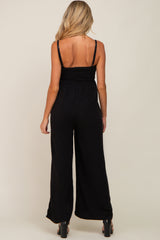 Black Smocked Linen Wide Leg Maternity Jumpsuit