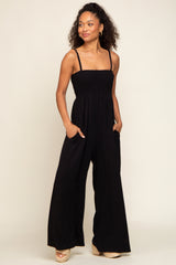 Black Smocked Linen Wide Leg Maternity Jumpsuit