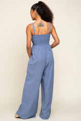 Blue Smocked Linen Wide Leg Jumpsuit