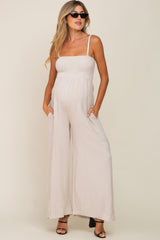 Beige Smocked Linen Wide Leg Maternity Jumpsuit