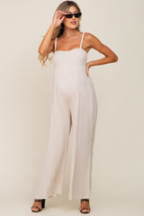 Beige Smocked Linen Wide Leg Maternity Jumpsuit