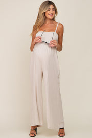 Beige Smocked Linen Wide Leg Maternity Jumpsuit