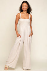 Beige Smocked Linen Wide Leg Maternity Jumpsuit