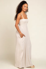 Beige Smocked Linen Wide Leg Jumpsuit