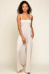 Beige Smocked Linen Wide Leg Jumpsuit