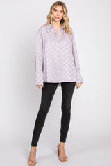 Lavender Checkered Satin Button Up Top