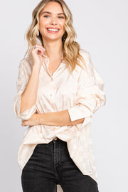 Beige Checkered Satin Button Up Top