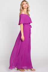 Purple Pleated Off Shoulder Maxi Dress