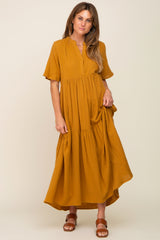 Gold Gauze Split V-Neck Tiered Maternity Maxi Dress