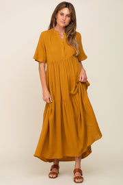 Gold Gauze Split V-Neck Tiered Maxi Dress