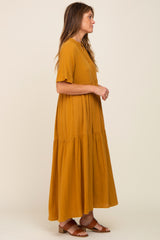 Gold Gauze Split V-Neck Tiered Maxi Dress