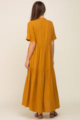 Gold Gauze Split V-Neck Tiered Maxi Dress