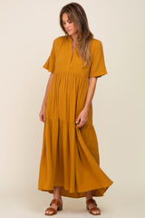 Gold Gauze Split V-Neck Tiered Maxi Dress