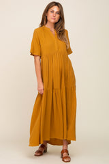 Gold Gauze Split V-Neck Tiered Maxi Dress