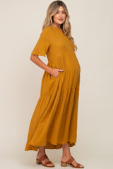 Gold Gauze Split V-Neck Tiered Maternity Maxi Dress