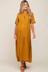 Gold Gauze Split V-Neck Tiered Maternity Maxi Dress