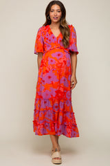 Red Orange Floral Ruffle Tier Accent Maternity Midi Dress