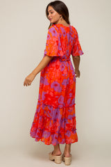 Red Orange Floral Ruffle Tier Accent Maternity Midi Dress