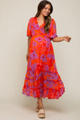 Red Orange Floral Ruffle Tier Accent Maternity Midi Dress