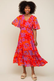 Red Orange Floral Ruffle Tier Accent Midi Dress