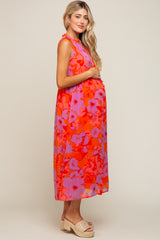 Orange Floral Split Ruffle Neck Tiered Maternity Midi Dress