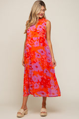 Orange Floral Split Ruffle Neck Tiered Maternity Midi Dress