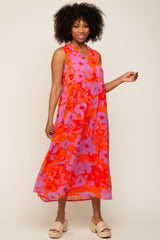 Orange Floral Split Ruffle Neck Tiered Maternity Midi Dress