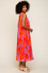 Orange Floral Split Ruffle Neck Tiered Midi Dress