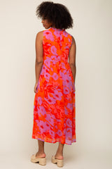 Orange Floral Split Ruffle Neck Tiered Midi Dress