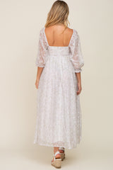 Silver Floral Square Neck Puff Sleeve Organza Maternity Maxi Dress