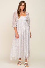 Silver Floral Square Neck Puff Sleeve Organza Maxi Dress