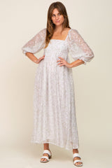 Silver Floral Square Neck Puff Sleeve Organza Maxi Dress