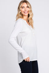 Ivory Rib Knit Button Accent Long Sleeve Top