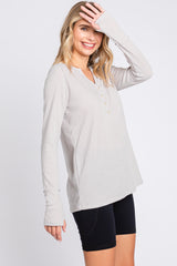 Taupe Rib Knit Button Accent Long Sleeve Top